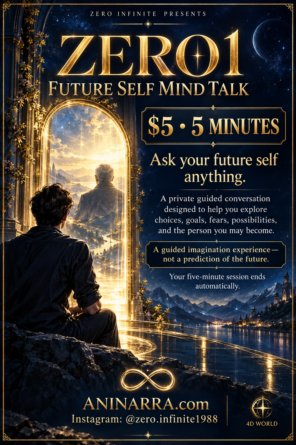 ZERO1 Future Self Mind Talk poster: a person facing their imagined older self through a golden doorway. $5 for five minutes.